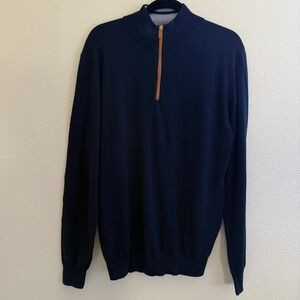 Collars & Co Men L Navy Blue Australian 100% Merino Wool Quarter Zip Sweater NEW